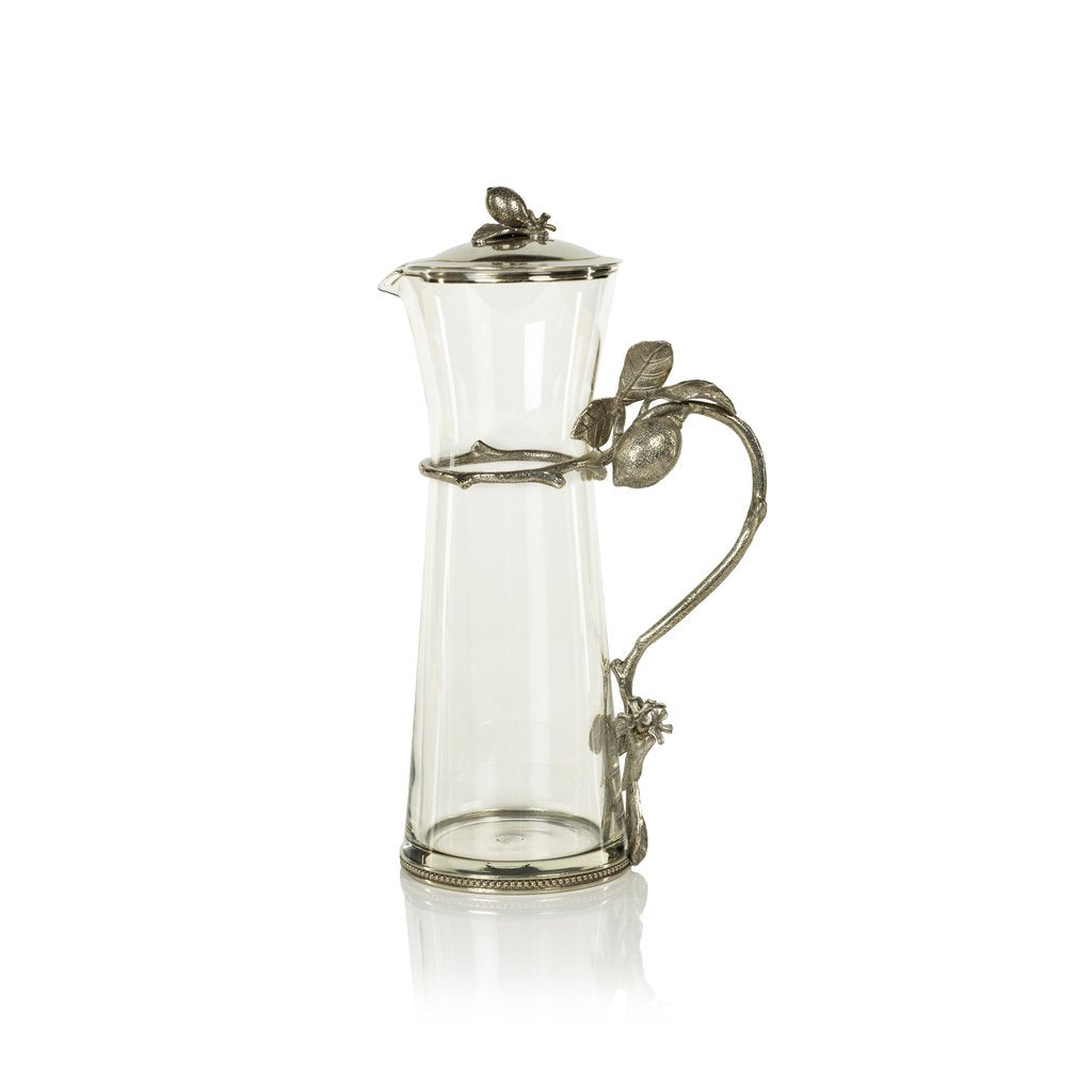 A LIMON AGRIA PEWTER AND GLASS PITCHER WITH LID
